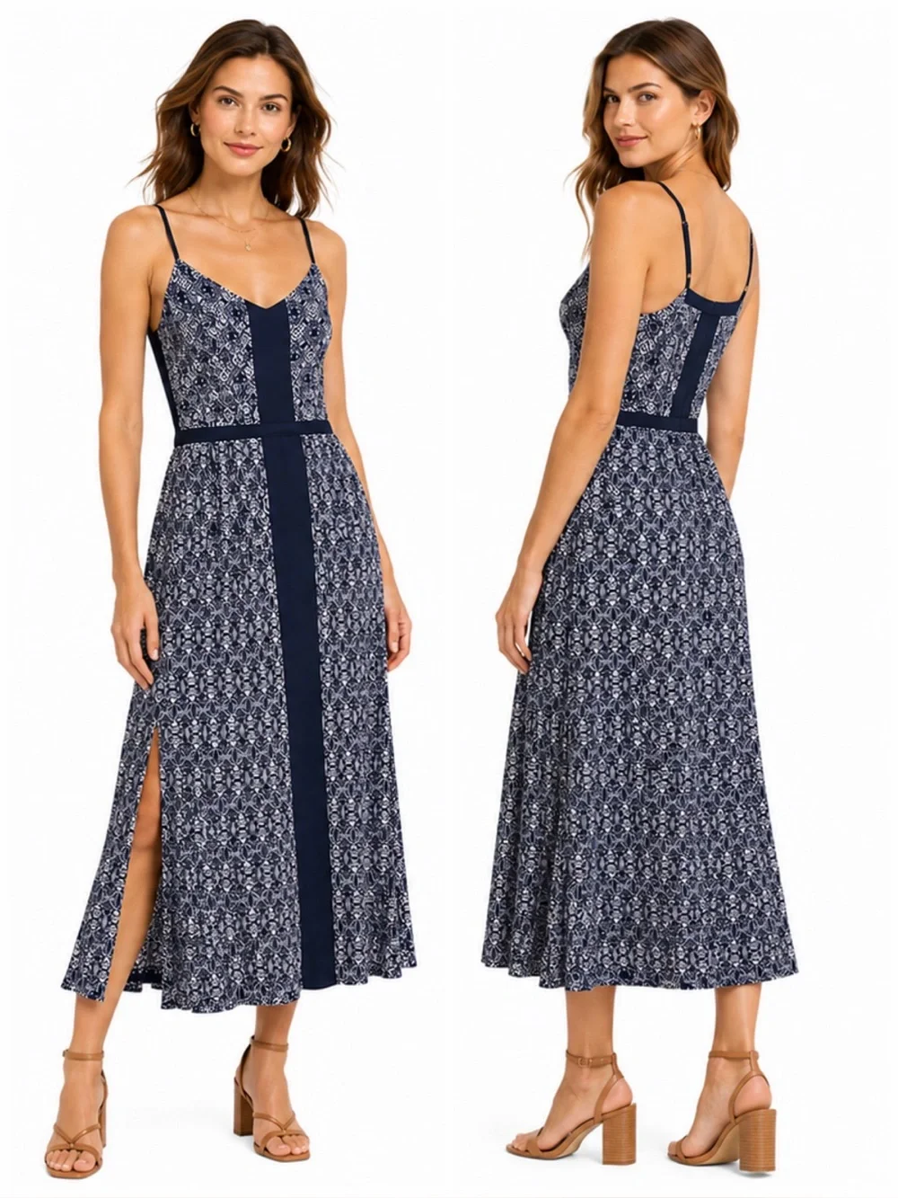 J.Crew Navy White Geometric Print Strappy Maxi Dress Side Slit Size 12